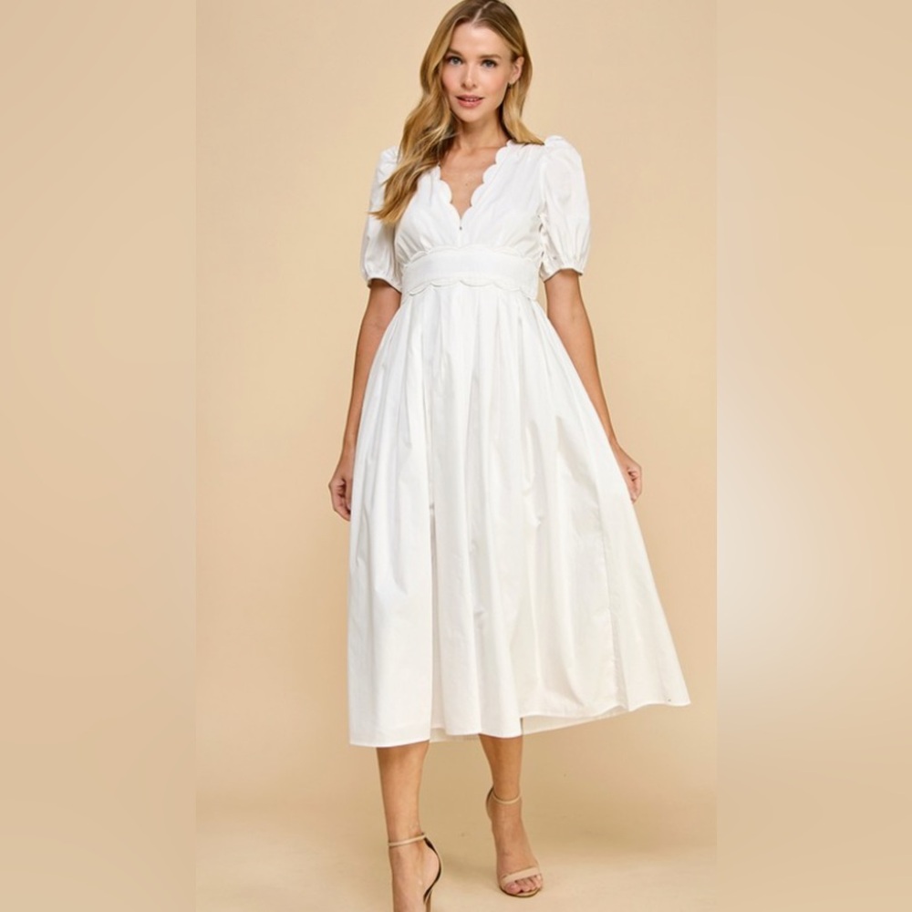 TCEC White Scalloped v-neck midi dress